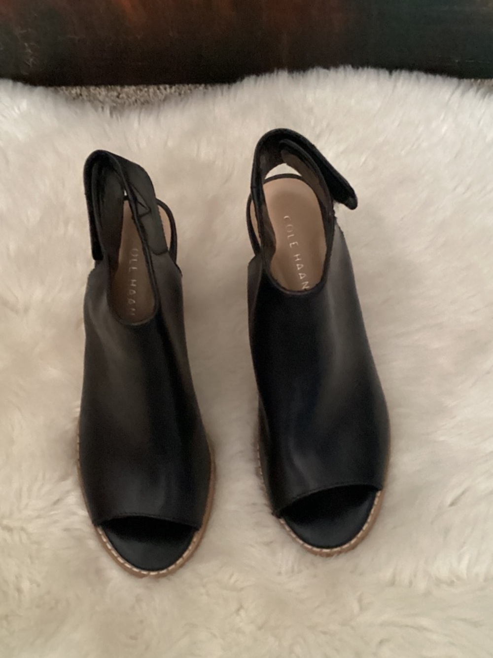 Cole Haan Black Womens Leather Open-Toe Slingback Wedges 7B